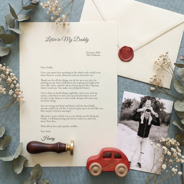 Personalised letter to my daddy from a child keepsake gift with wax seal envelope and wooden toy car.
