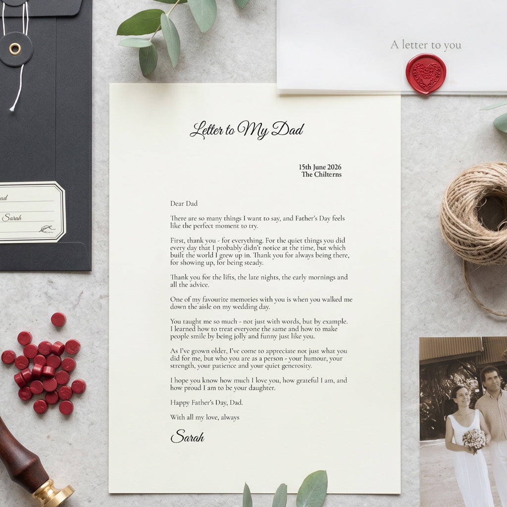 A letter to my Dad written in your own words. A meaningful thoughtful gift with a photograph included and wrapped in a vellum wrap with a red heart wax seal. This is placed in a black string and washer envelope with a vintage to from label on the front. 