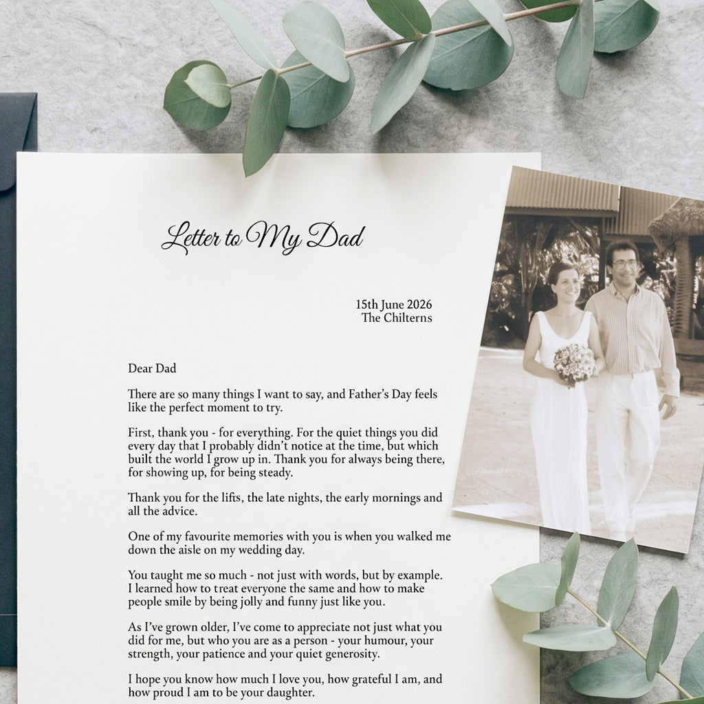 Close up of a section of Letter to My Dad with a photo of the bride and her father on the wedding day. The letter is  surrounded by eucalyptus  on a stone background.