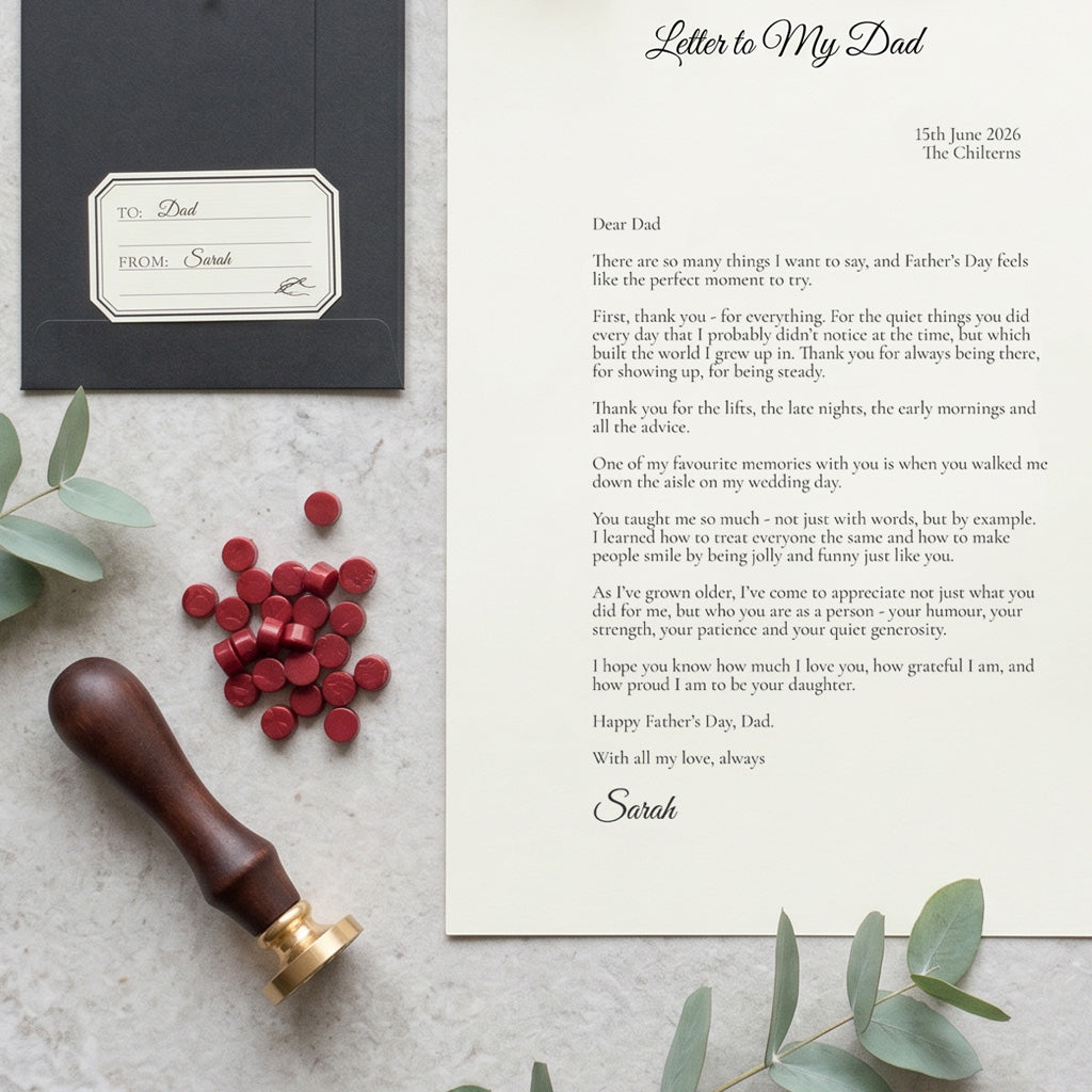 Personalised meaningful letter keepsake to Dad on a textured stone surface with a wax seal and decorative elements.