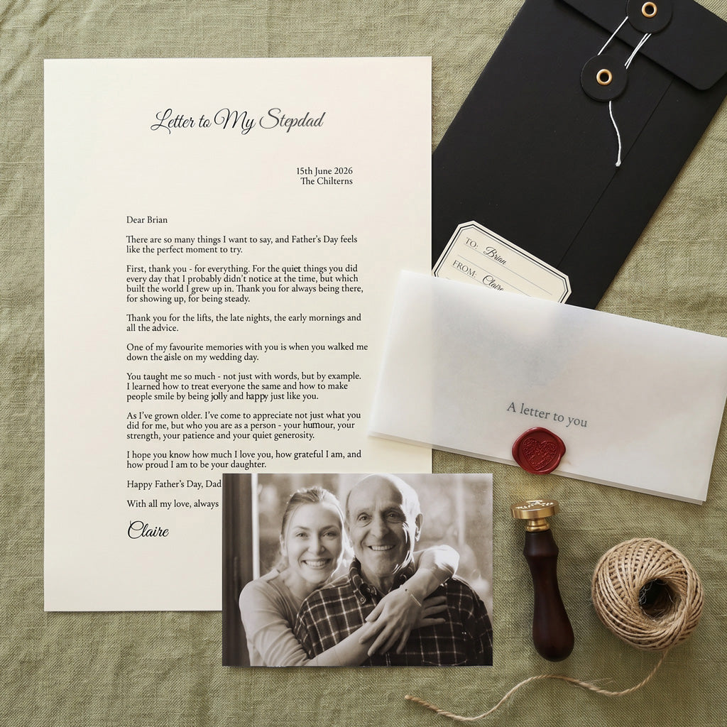 Letter written in your own words with the heading Letter to My Stepdad along the top in a script font. Option to include a photo with your gift, pictured here is a daughter with her stepfather. The letter comes folded in a vellum wrap and sealed with a heart shaped wax seal. The letter is then place in a string and washer envelope to gift to your stepdad with a to and from vintage label on the front so that it can be kept as a lasting meaningful memento.
