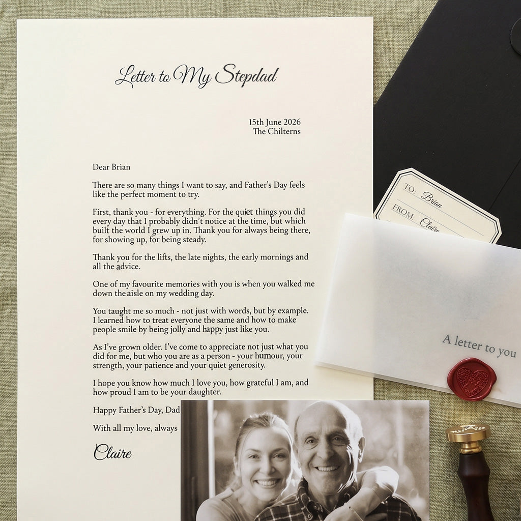 Letter to My Stepdad with personalised words with how you feel about them.  You can include a photo of you and your dad. This personalised letter is placed in an archival envelope with special touch of a wax seal ready to gift on his birthday.