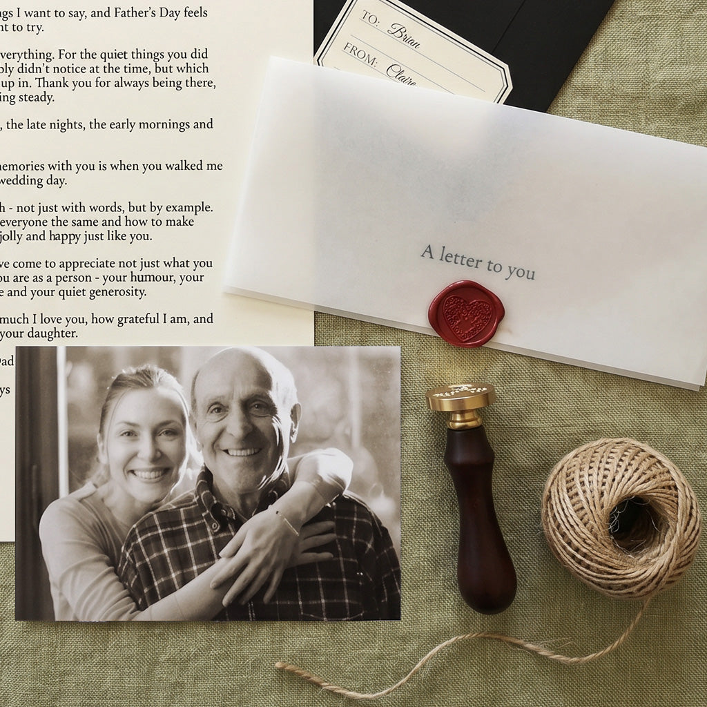 Close of a section of the personalised letter, some of the vintage label of the archival black envelope with to and from written in classic font. Also pictured is the vellum envelop with a red wax seal with a heart shape and above it the words  A letter to you. The perfect way to gift such a meaningful keepsake for your Stepdad.