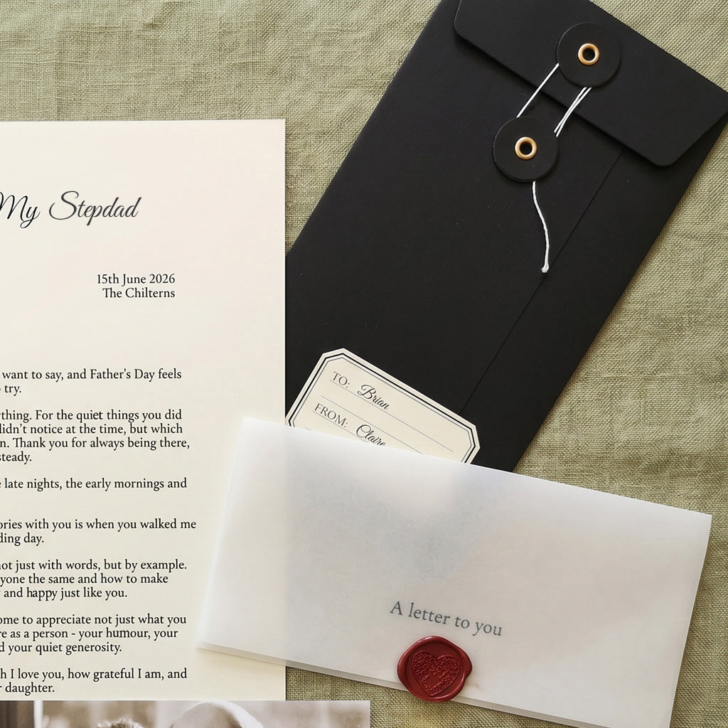 Father's day letter with script font heading and personalised text. Beside the letter is a vellum wrap with the words A letter to you and a black archival string and washer enveloped with has the names of your choice. Perfect to gift this letter in and it be kept forever.