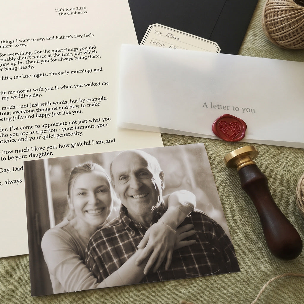 Letter with photo of a daughter and her stepdad, wax seal, and pen on a linen tablecloth. Pictured also is a wax sealed envelope to give this special gift for Father's Day.