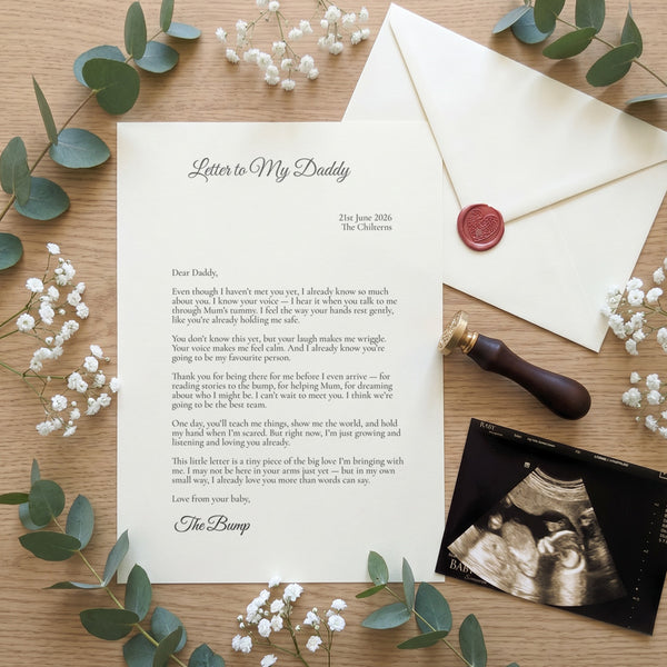 Personalised letter to my daddy from the bump keepsake gift displayed with wax seal envelope and baby scan photo 