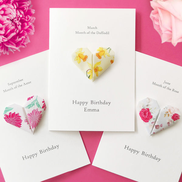 Personalised Birth Flower Origami Heart Card