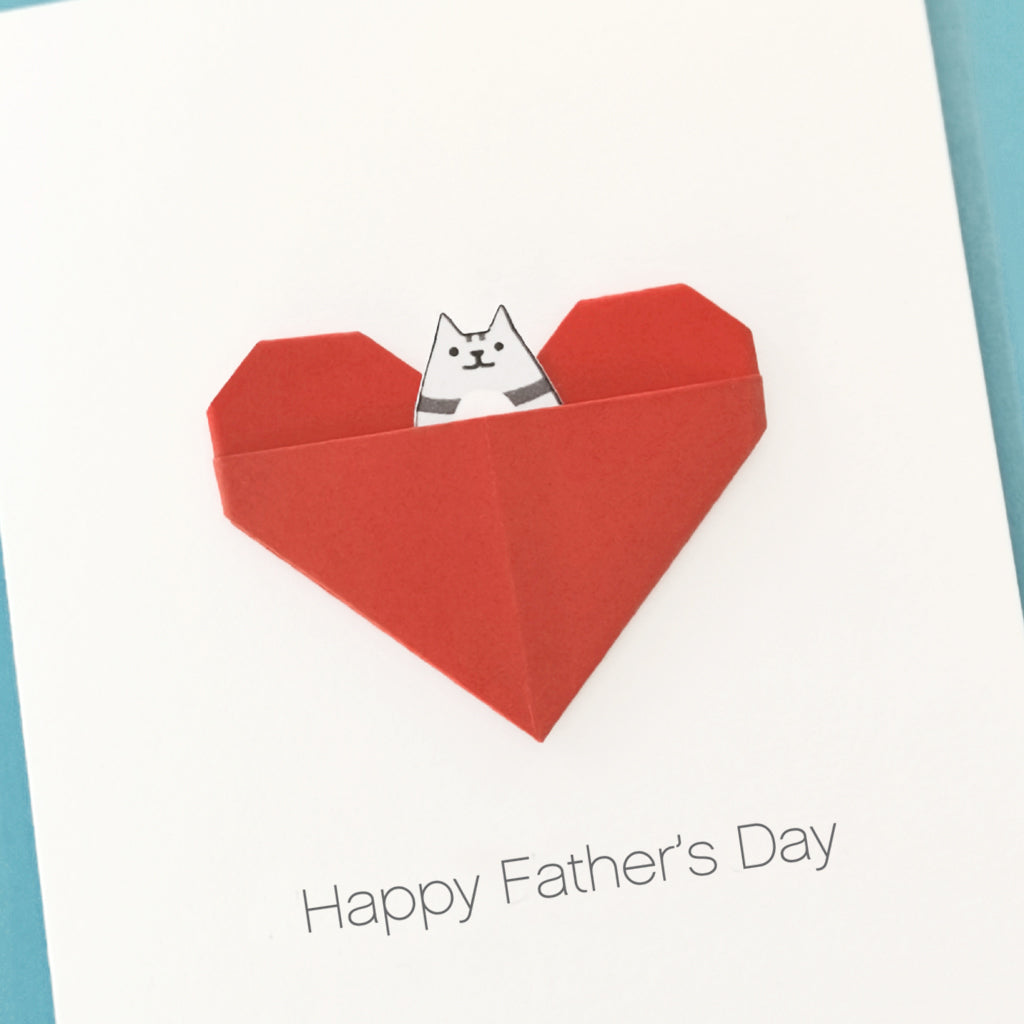 Premium handmade origami heart card for proud cat owner with personalised details and feline illustration 