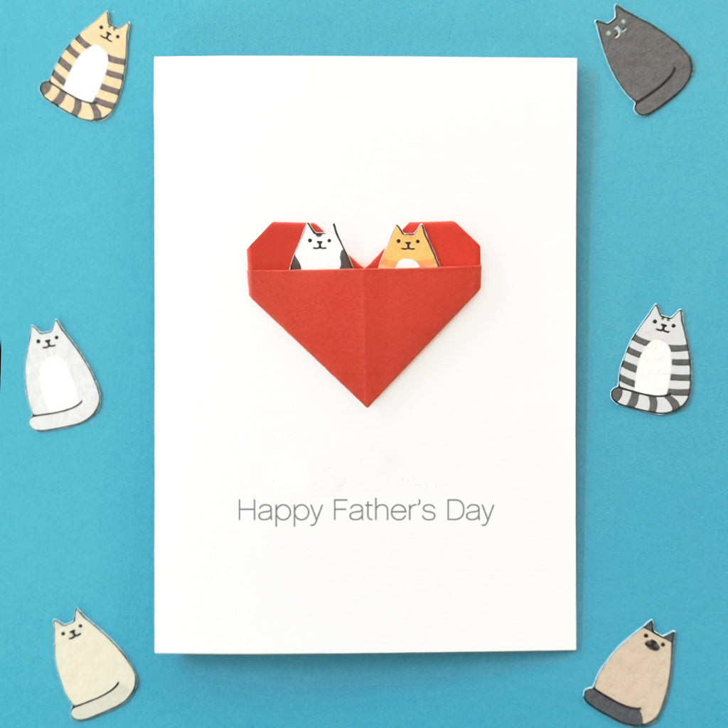 Handcrafted Fathers Day card for cat dad featuring an origami heart with a pocket with a personalised cat themed design 