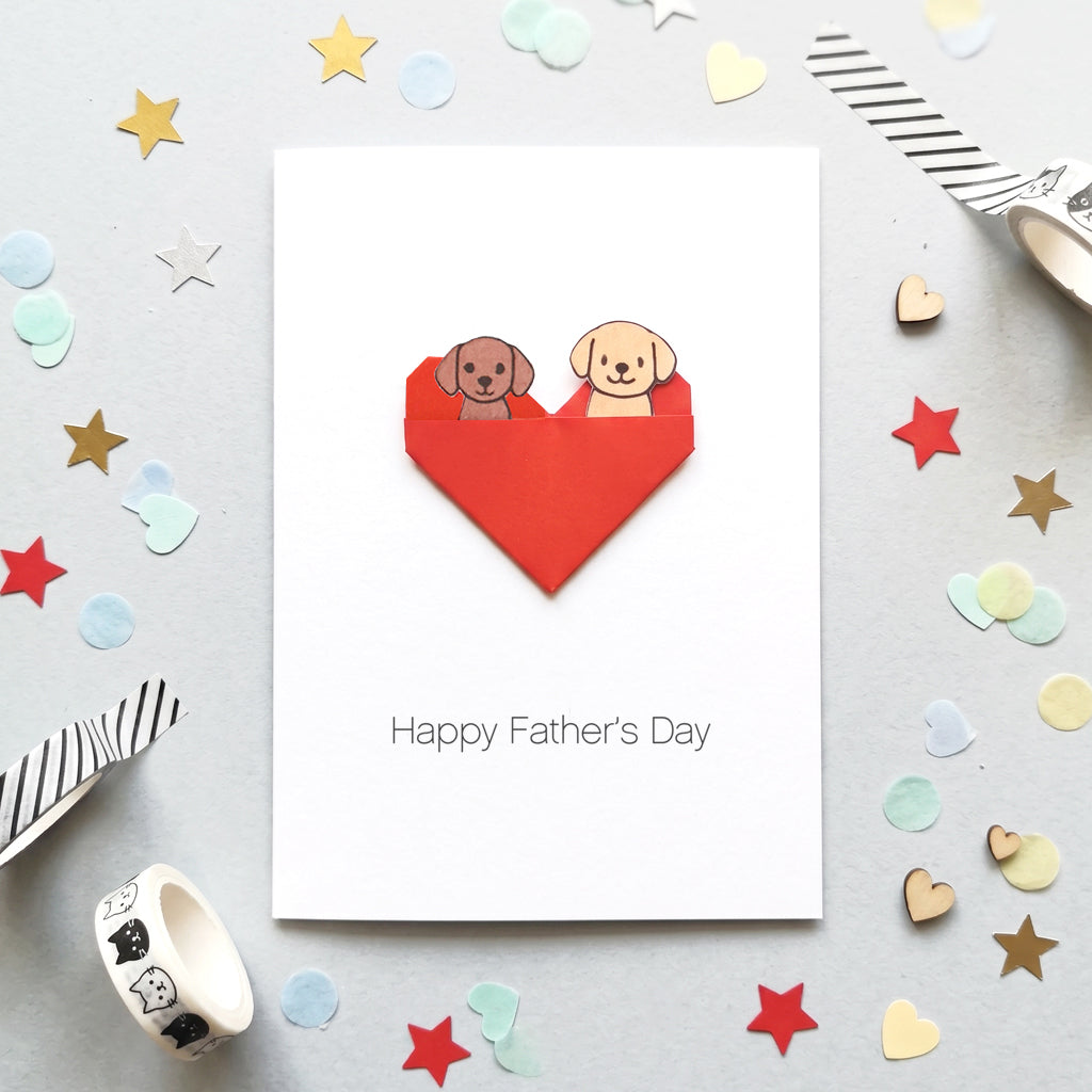 Personalised Fathers Day card for dog dad featuring hand folded origami heart with illustrated dogs inside pocket 