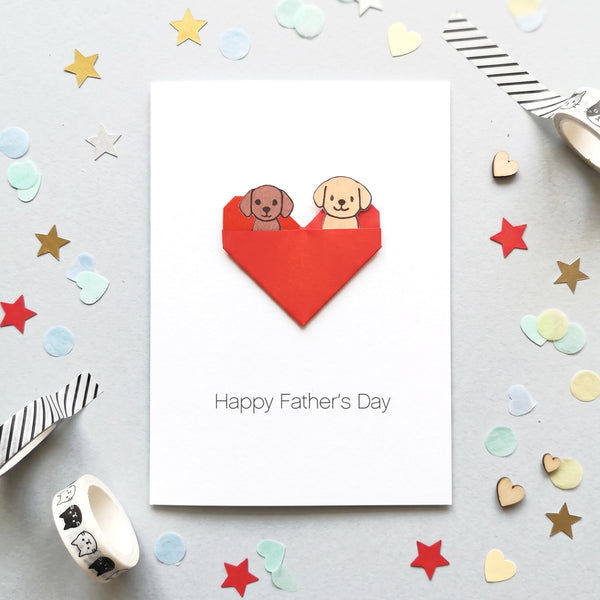 Personalised Fathers Day card for dog dad featuring hand folded origami heart with illustrated dogs inside pocket 
