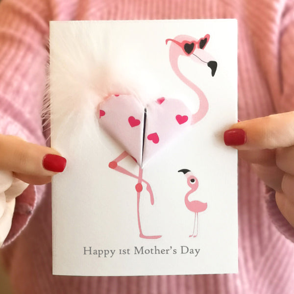 Flamingo First Mother's Day Origami Heart Card