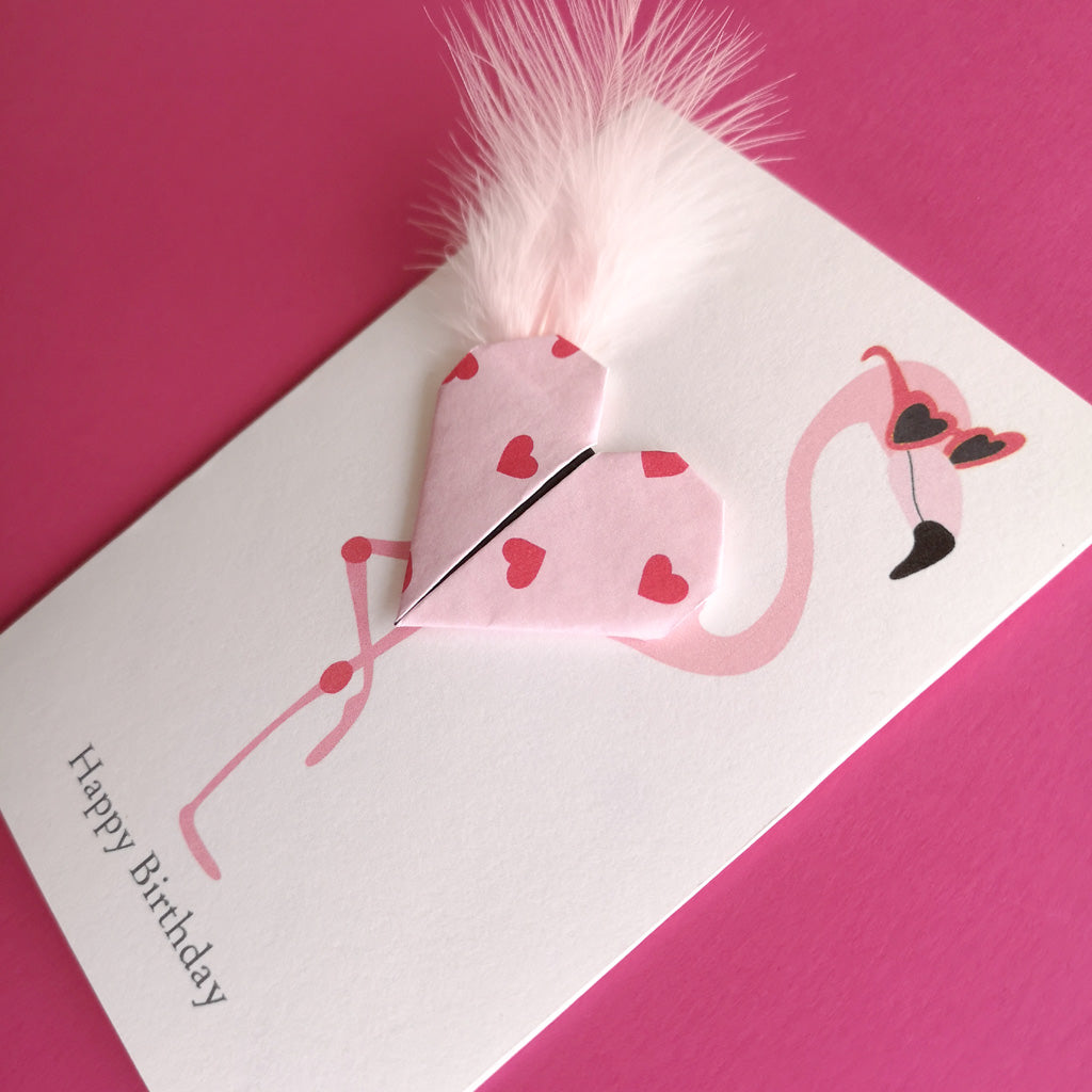 Flamingo Origami Heart Birthday Card