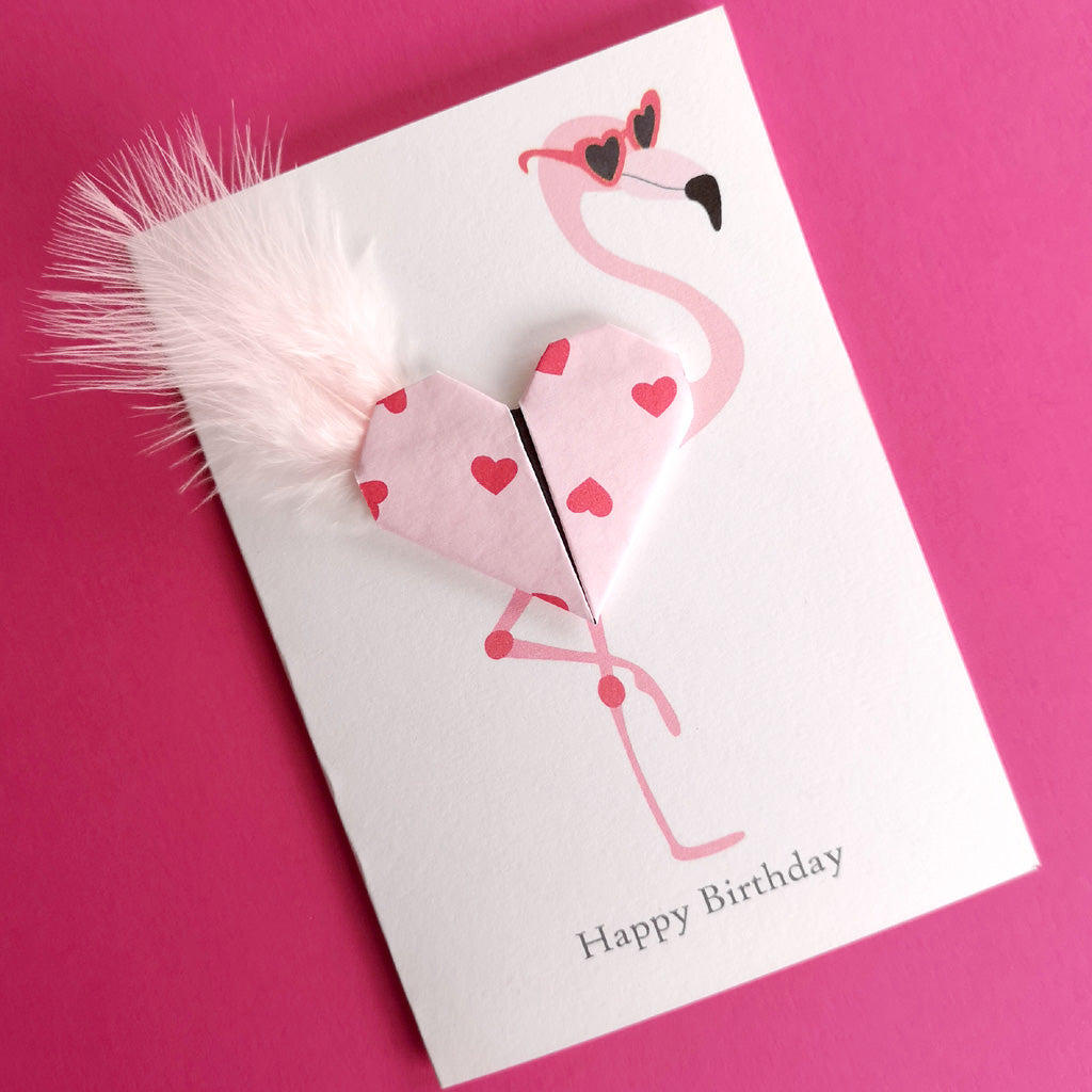Flamingo Origami Heart Birthday Card