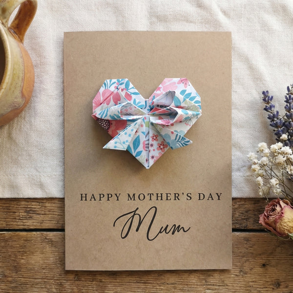 Personalised Mother's Day Floral Origami Heart Kraft Card