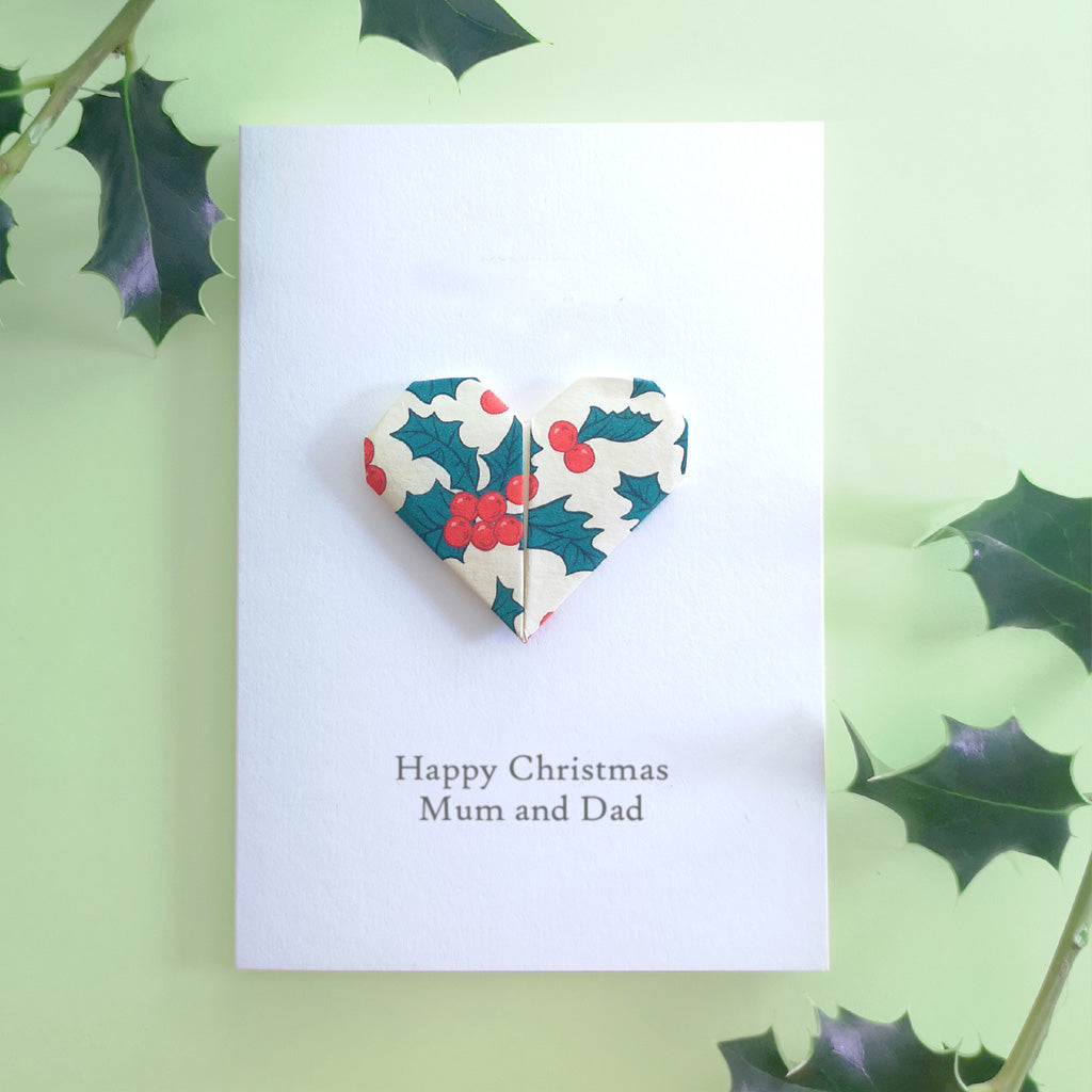 Personalised Origami Heart Holly Christmas Card