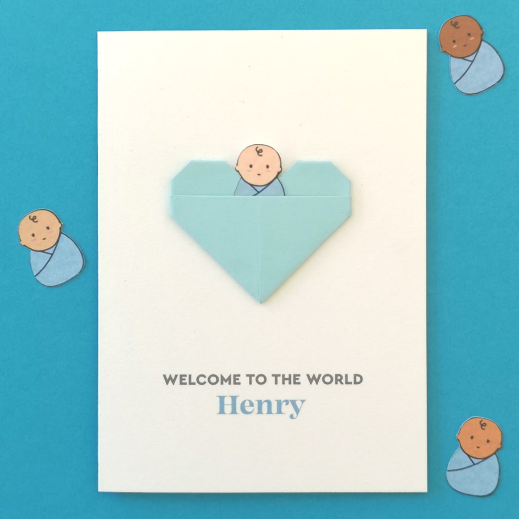 New Baby Boy Origami Heart Card