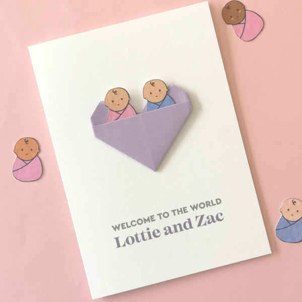 New Baby Twins Origami Heart Card