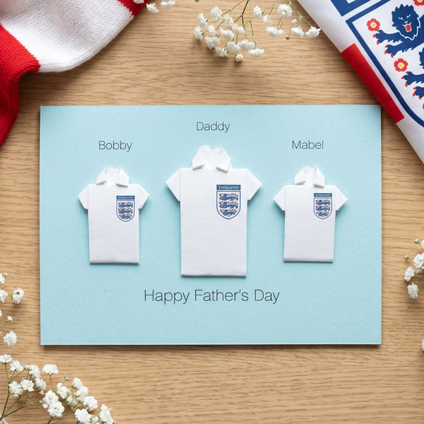 Personalised England football shirt card for Dad with hand folded origami Three Lions shirts and children’s names 