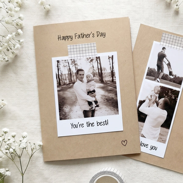 Personalised fathers day photo card. Kraft card with black marker pen style font that says Happy Father's Day along the top. Underneath is a photo with a message 'You're the best!' in the black marker style font. The photo is attached to the card with some check washi tape. There is a hand drawn heart in the bottom right hand corner.