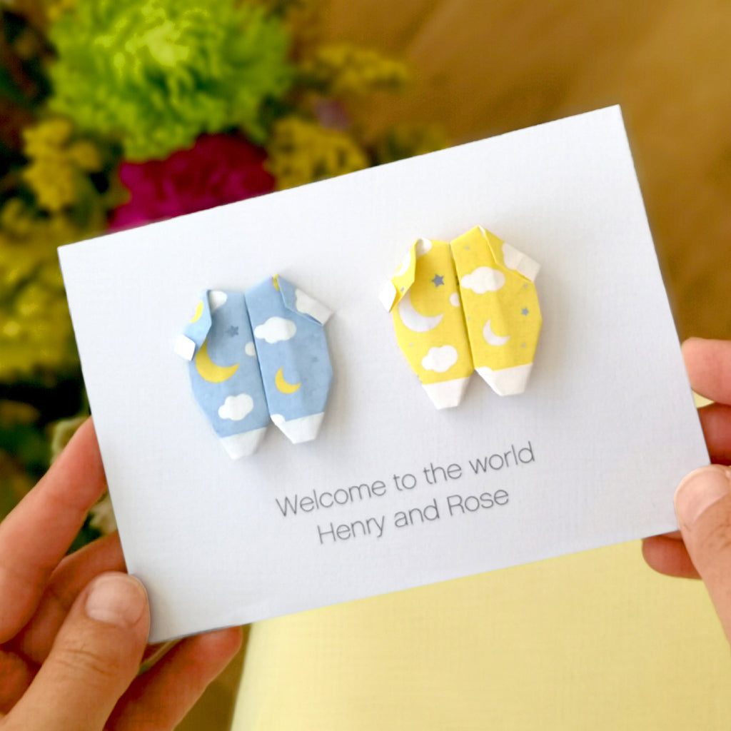 Personalised Origami Twins Baby Grow Card