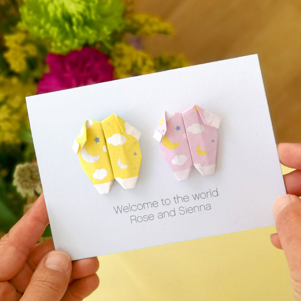 Personalised Origami Twins Baby Grow Card